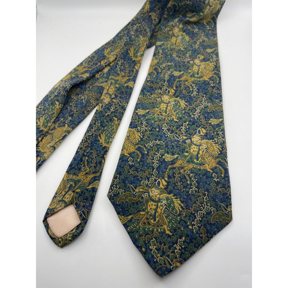 Vintage Pierre Cardin Paris Vintage Silk Tie Blue Green Gold Equestrian Tapestry